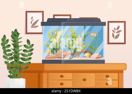 Rechteckiges Fischbecken auf einem Holzschrank mit Pflanzen und Fischen, symbolisiert ein modernes Indoor-Aquarium. Ideal für Wohnkultur, Inneneinrichtung und Stock Vektor