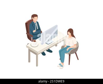 Isometrische Diskussion zwischen zwei Personen in einem privaten Büro, die Kommunikation, Interviews und das Unternehmensumfeld repräsentieren. Ideal für Unternehmen, HR Stock Vektor