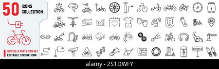 Ein Satz von bearbeitbaren Symbolen für Fahrrad und Teile umfasst auch Reparatur, Laden, Wartung, Spiegel, Hupe, Bremssymbole. 50+ dünne Symbole für Elektrofahrräder Stock Vektor