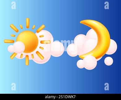 Sonne und Halbmond mit flauschigen Wolken vor einem blauen Hintergrund, die Tag- und Nachtzyklus darstellen. Perfekt für Lehrmaterialien, Weat Stock Vektor