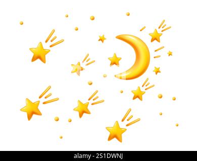 Mondsichel mit funkelnden Sternen am Himmel, die eine magische nächtliche Atmosphäre schaffen. Ideal für Astronomie-Themen, Gute-Nacht-Geschichten oder Wimsica Stock Vektor