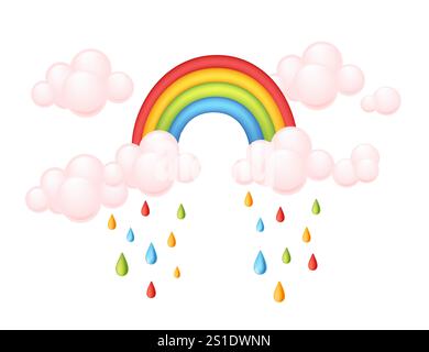 Regenbogen mit hellrosa Wolken und bunten Regentropfen, die wetterbezogenen Projekten, Apps oder verspielter Einrichtung eine lustige und lebendige Note verleihen. Vektorillust Stock Vektor