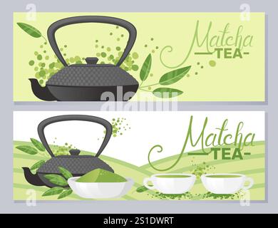 Matcha Tee Werbedesign mit traditioneller Teekanne mit grünem Tee. Perfekt für die Werbung für Matcha-Produkte, Teeläden oder Bio-Be Stock Vektor