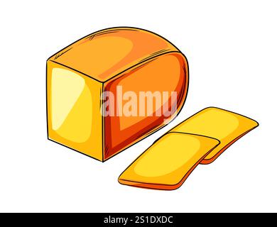 Stück Gelbkäse, ganze und in Scheiben geschnittene Stücke. Handgezeichneter farbenfroher Skizzenstil. Lebensmittelverpackungen, Restaurantmenüs oder kulinarische Designs. Detai Stock Vektor