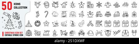 Bearbeitbare Weihnachtssymbole: Weihnachtsmann, Elfen, Dschungelglocke, Krippe, Weihnachtsabend, Baum und Geschenke. Set mit 50 dünnen Weihnachtssymbolen Stock Vektor