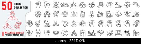 Set von 50 Wellness editierbare Schlaganfall Symbol Set enthält auch ausgewogenen Lebensstil, Work Life Balance, emotionales Wohlbefinden, Gesundheit, Selbstpflege, Entspannung Stock Vektor