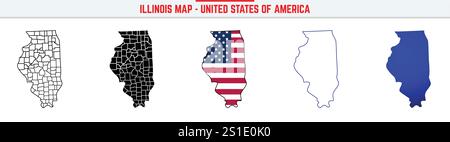 Illinois-Karte mit bearbeitbarem Kontursymbol. Illinois USA State dünne Linie Symbol, Illinois Karte Vektor Illustration, Illinois, IL blaue Silhouette Vektor Karte Stock Vektor