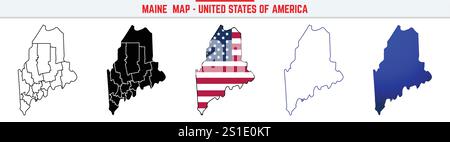 Maine Map mit bearbeitbarem Kontursymbol. Maine USA State dünne Linie Symbol, Maine Karte Vektor Illustration, Maine, ME blaue Silhouette Vektor Karte Stock Vektor