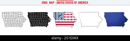 IOWA Map mit bearbeitbarem Kontursymbol. IOWA USA State dünne Linie Symbol, IOWA Karte Vektor Illustration, IOWA, IA blaue Silhouette Vektor Karte Stock Vektor