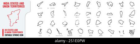Bearbeitbare Kontursymbole der 28 bundesstaaten Indiens mit Union Territories. Bundesstaaten wie Tamil Nadu, Delhi, Mumbai, Kalkutta und mehr Stock Vektor