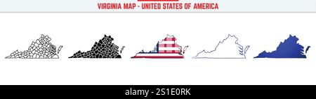 Virginia-Karte mit bearbeitbarem Kontursymbol. Virginia USA State dünne Linie Symbol, Virginia Karte Vektor Illustration, Virginia, VA Silhouette Vektor Karte Stock Vektor