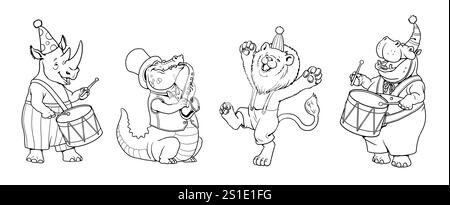 Silhouette von lustigen Tieren, die Geburtstag feiern. Vorlagen für Kindergeburtstage und zum Färben. Stockfoto