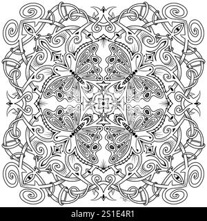 Abstrakte symmetrische Illustration des Schmetterlings. Handgezeichnetes Dekoelement. Schwarzes Mandala zum Ausmalen von Büchern, Tätowierungen, Henna und T-Shirt-Mustern. Stockfoto