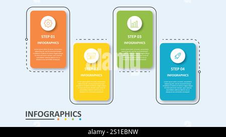 Infografik-Designvorlage. Geschäftsprozess mit 4 Schritten. Vektorelemente für dünne Linien für die Präsentation Stock Vektor