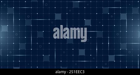 Futuristische VR-HUD-Benutzeroberfläche mit digitalem Raster und Partikelgitter. Hochtechnisches GUI-Visier-Layout. SCI fi Raumschiff-Display mit Linien und Punkten auf dunkelblauem Hintergrund für ein erweitertes FUI-Dashboard Stock Vektor