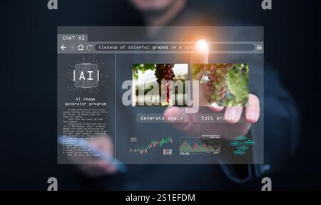 KI-Bildgenerator. Ein Mann benutzt ein Programm, einen Assistenten für künstliche Intelligenz, um Fotos von Ai-Intelligenz zu erzeugen. Stockfoto