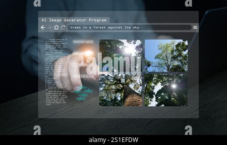 KI-Bildgenerator. Ein Mann benutzt ein Programm, einen Assistenten für künstliche Intelligenz, auf seinem Laborcomputer, um Fotos von KI-Intelligenz zu erzeugen. Stockfoto