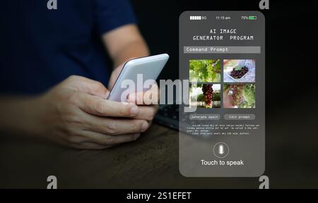 KI-Bildgenerator. Ein Mann benutzt ein Programm, einen Assistenten für künstliche Intelligenz, auf seinem Smartphone, um Fotos von KI-Intelligenz zu erzeugen. Stockfoto