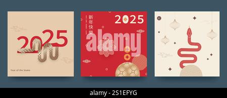 Set aus 2025 Chinesisches Neujahrsfest, Jahr der Schlange, Bannervorlagen im modernen geometrischen Stil. Chinesische Übersetzung Schlange, frohes neues Jahr. Vektor Stock Vektor