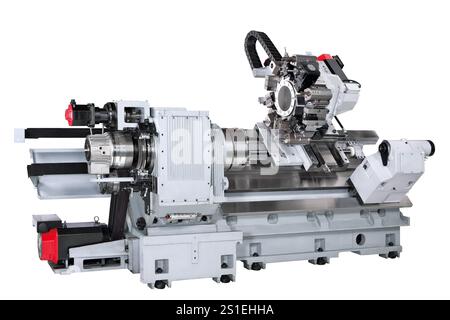 Herstellung professioneller Metallbearbeitungsmaschinen. Industriekonzept. Programmierbare moderne digitale cnc-Programmiermaschine isoliert auf weißem Backgr Stockfoto