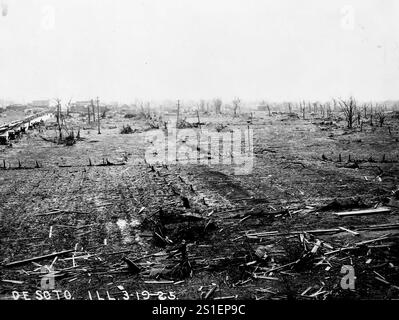 Luftaufnahme der Zerstörung in DeSoto, Illinois, verursacht durch den Tri-State-Tornado von 1925 - dem tödlichsten Tornado in der Geschichte der Vereinigten Staaten. Stockfoto