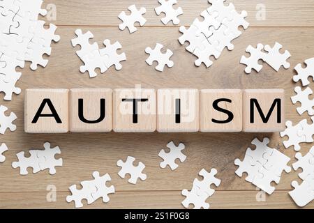 Wort Autismus aus Würfeln und Puzzleteilen hölzerner Hintergrund, flache Lay Stockfoto