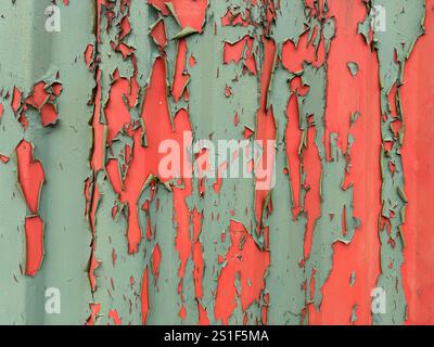 Abblätternde grüne Farbe auf Wellblech mit roter Farbe darunter. Stockfoto