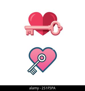 Abstrakte minimale Silhouette Herz und Schlüssel flach einfache Vektor Bundle Valentinstag EPS10 Stock Vektor