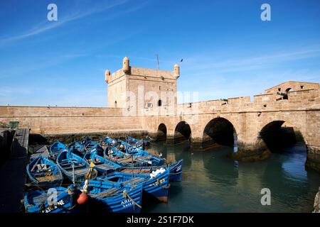 Blau lackierte traditionelle hölzerne Fischerboote vor dem Skala du Port und der Hafenbefestigung essaouira, marokko Stockfoto