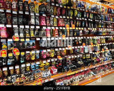 Kiew, Ukraine - 03. Januar 2025: Eine Reihe von Autolufterfrischern, hell verpackt, ordentlich in Verkaufsregalen angeordnet. Stockfoto