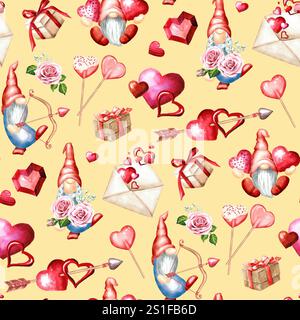 Nahtloses Muster zum Happy Valentine Day. Handgezeichnete Aquarellillustration Stockfoto
