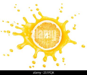 Orange in Saftspritzer isoliert auf weißem Hintergrund. Stockfoto