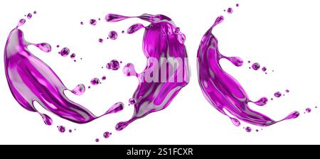 Satz violetter Spritzer isoliert auf weißem Hintergrund. 3D-Rendering. Stockfoto