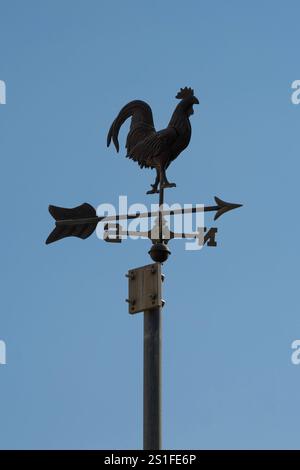 Eine hahnenförmige Windfahne aus Metall auf einem Pfosten, mit einem klaren blauen Himmel im Hintergrund. Stockfoto