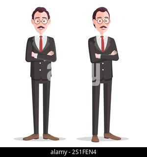 Die Arme Des Comic-Geschäftsmannes Sind Überkreuzt. Geschäftsmann stehend mit gefalteten Armen und lächelnd, Front- und Seitenansicht, isolierte Vektor-Illustration Stock Vektor