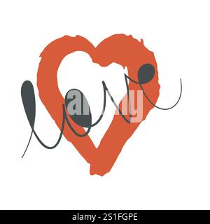 Herzsymbol, abstrakte Karte mit Love-Text-Schriftzug. Kritzele handgezeichnete Illustration im Skizzenstil, flauschige Pinsel rote Linienkontur, isolierte Elemente. Kit für Stock Vektor