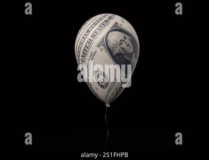 Wirtschaftliche Rezession, Dollarblase und Inflationskonzept der Währung mit einem 3D-Ballon mit einem Dollar auf schwarzem Hintergrund. Stockfoto