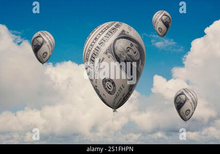 Wirtschaftlicher Wohlstand, Ballon-Dollar, der in den Himmel fliegt. Konzept mit einem 3D-Ballon aus einem Dollar. Konzept des steigenden Dollars oder einer aufgeblähten Wirtschaft. Stockfoto