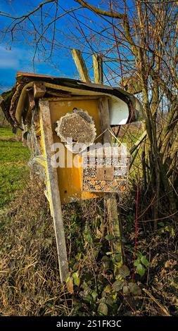Insektenhotel mit kleinen Holzstücken im öffentlichen Garten. Uberlingen, Deutschland. Stockfoto