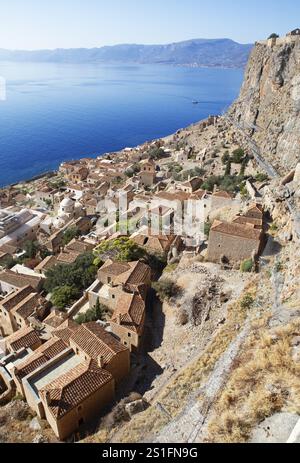 Byzantinische Burgstadt Monemvasia, Monemvassia, Monemwassia, Monembasia, im Myrtoischen Meer, Lakonien, Peloponnes, Griechenland, Europa Stockfoto