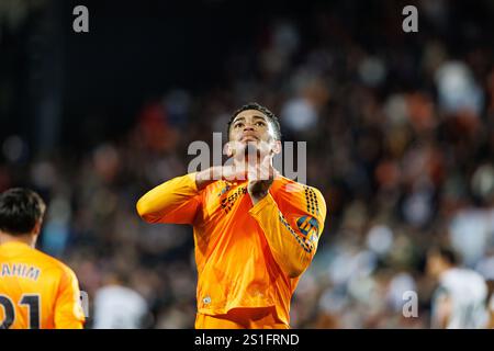 Valencia, Spanien. Januar 2025. Jude Bellingham (Real Madrid) feierte, nachdem er beim SPORTSPIEL LaLiga EA zwischen den Teams Valencia CF und Real Madrid FC ein Tor geschossen hatte. Maciej Rogowski/Alamy Live News Stockfoto