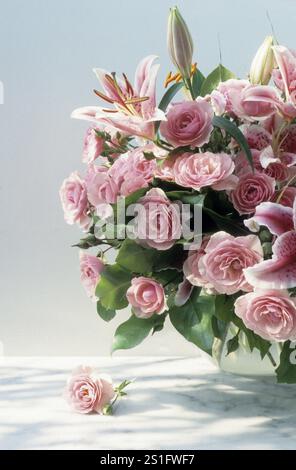 Rosafarbene Lilien und rosa Rosen in einer kugelförmigen Glasvase, die auf einer weißen Marmorplatte vor hellem Hintergrund steht. Rosa Lilien und rosa Rosen in einer Spheri Stockfoto