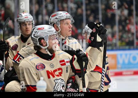 Augsburg, Deutschland. Januar 2025. Die Bank der Gaeste blickt auf den Videowuerfel/DEL: Augsburger Panther - Nürnberg Ice Tigers, Curt Frenzel Stadion am 03.01.2025 Credit: dpa/Alamy Live News Stockfoto