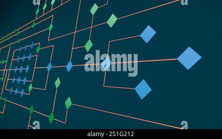 Knotenbaum, Konzept, Dezision, Verbindung. Knotenbaum, Konzept, industrieller Prozess, Dezision, Verbindung. Grüne und blaue Symbole, Fabrik, Bedienpult, Netzwerk. Img node tree007s09 Concept Stockfoto