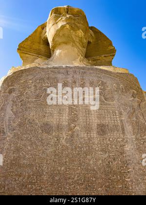 Die große Sphinx von Gizeh, mit besonders nahem Zugang zwischen den Pfoten, Kairo Ägypten Stockfoto