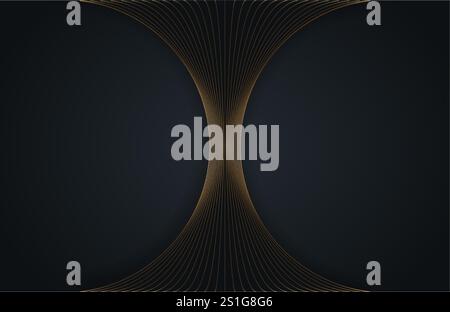 Abstrakte goldene, gekrümmte Linien auf schwarzem Hintergrund mit Lichteffekt und Kopierraum für Text. Luxuriöses Design. Vorlage für Vektorabbildungen Stock Vektor