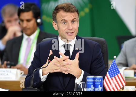 Rio de Janeiro, Brasilien, 19. November 2024, Emmanuel Macron, Präsident Frankreichs, während eines Treffens auf der G20-Plenartagung. Stockfoto