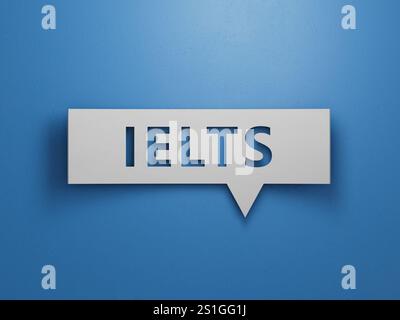 Zwischenablage mit IELTS-Text über Finanzdiagrammen. Minimalistisches abstraktes Design mit weißem Papier.3D-Rendering auf blauem Hintergrund. Stockfoto