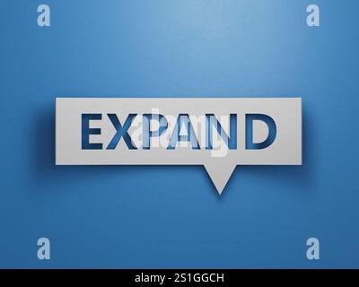 Wort erweitern, Text geschrieben auf Speech Bubble. Minimalistisches abstraktes Design mit weißem Papier.3D-Rendering auf blauem Hintergrund. Stockfoto