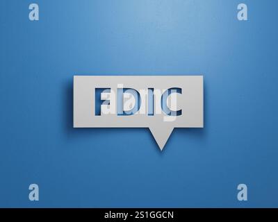 fdic-Wort auf Sprachblase mit Kopierraum geschrieben. Minimalistisches abstraktes Design mit weißem Papier.3D-Rendering auf blauem Hintergrund. Stockfoto